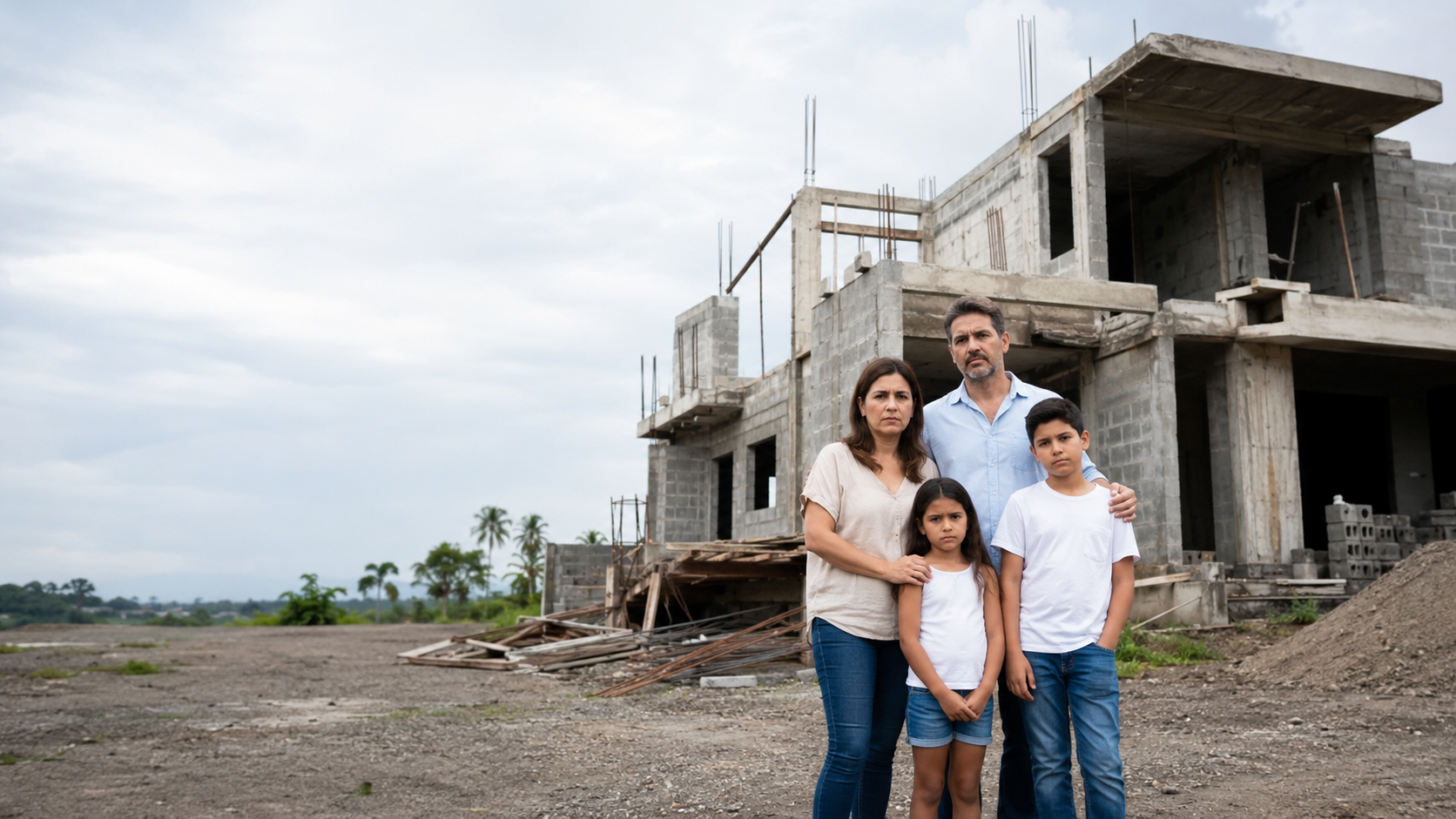 Family in front of an unfinished construction
